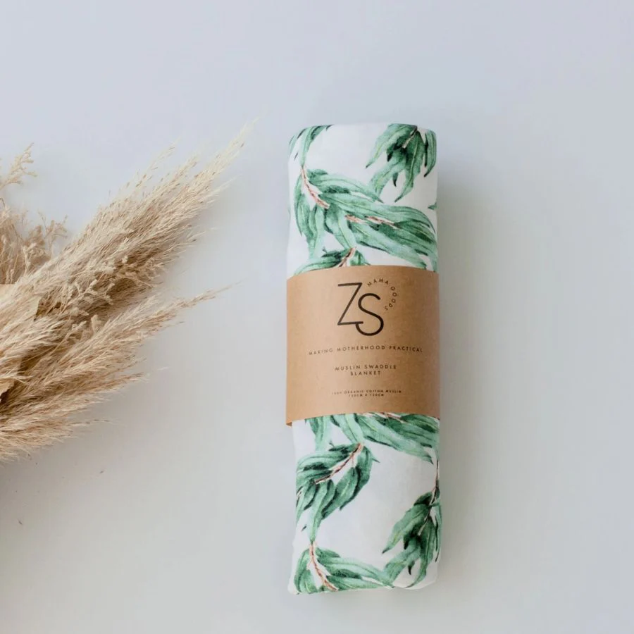 Blue Gum Leaf Organic Cotton Muslin Swaddle Wrap by Zoe Sage - Image 3