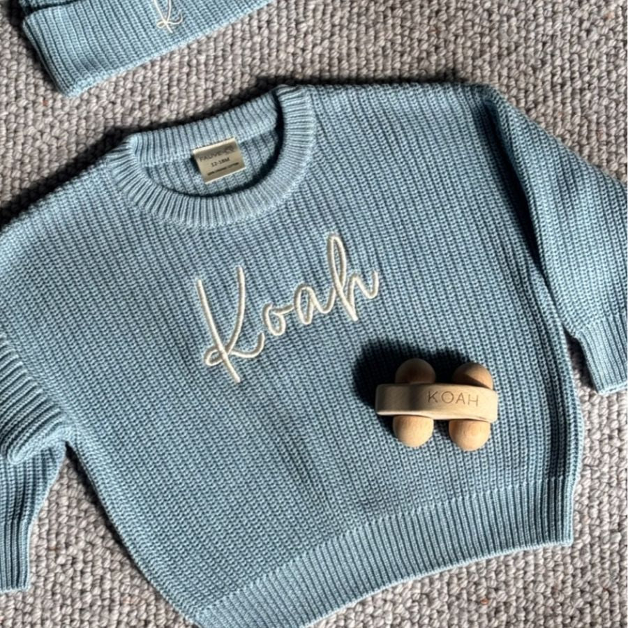 Personalised Chunky Knit Baby Jumper Cloud Blue
