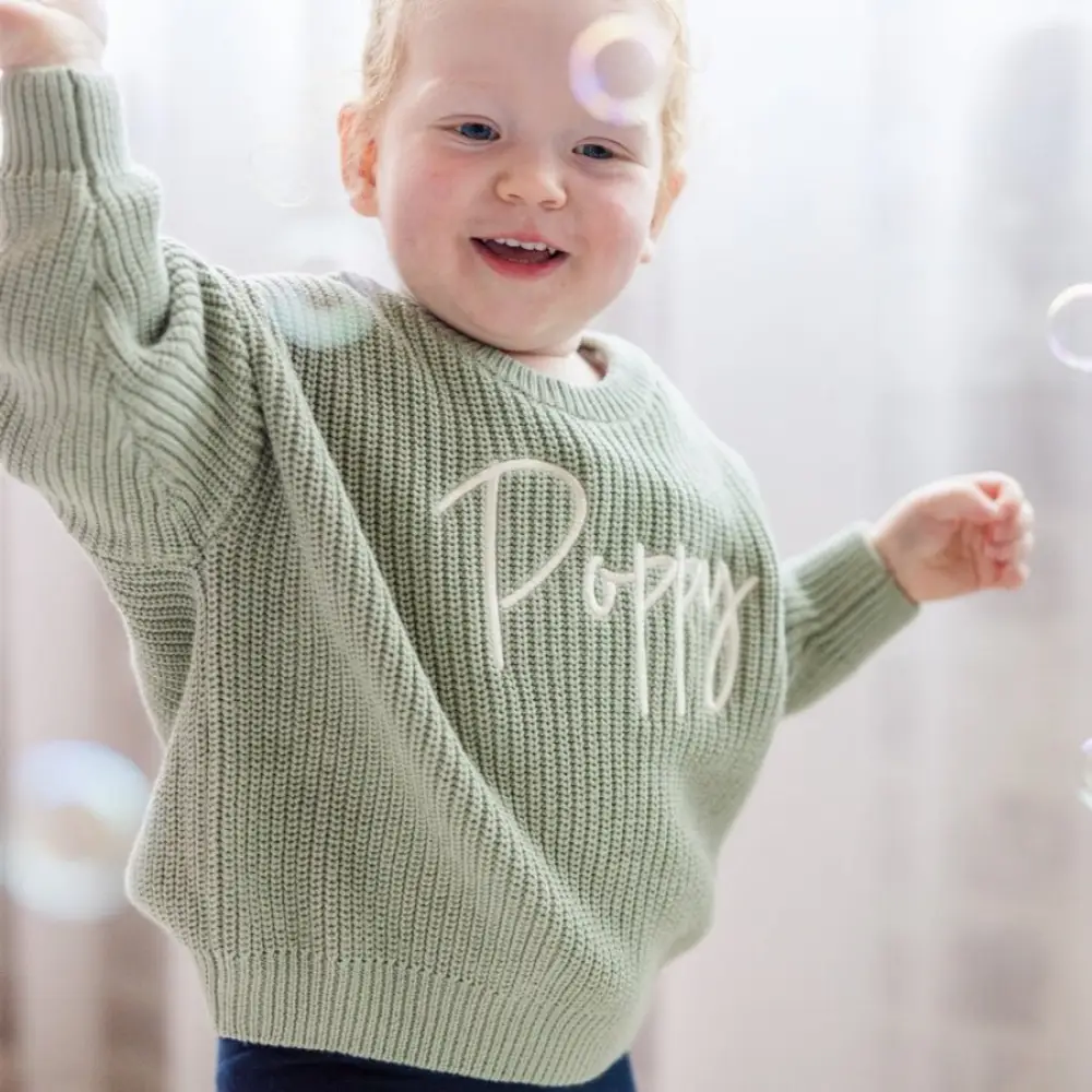 Personalised Chunky Knit Baby Jumper Sage - Image 3
