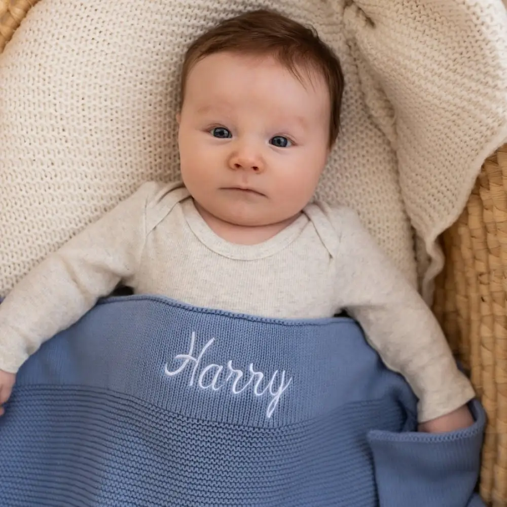 Personalised Cotton Knit Baby Blanket Dusty Blue - Image 3