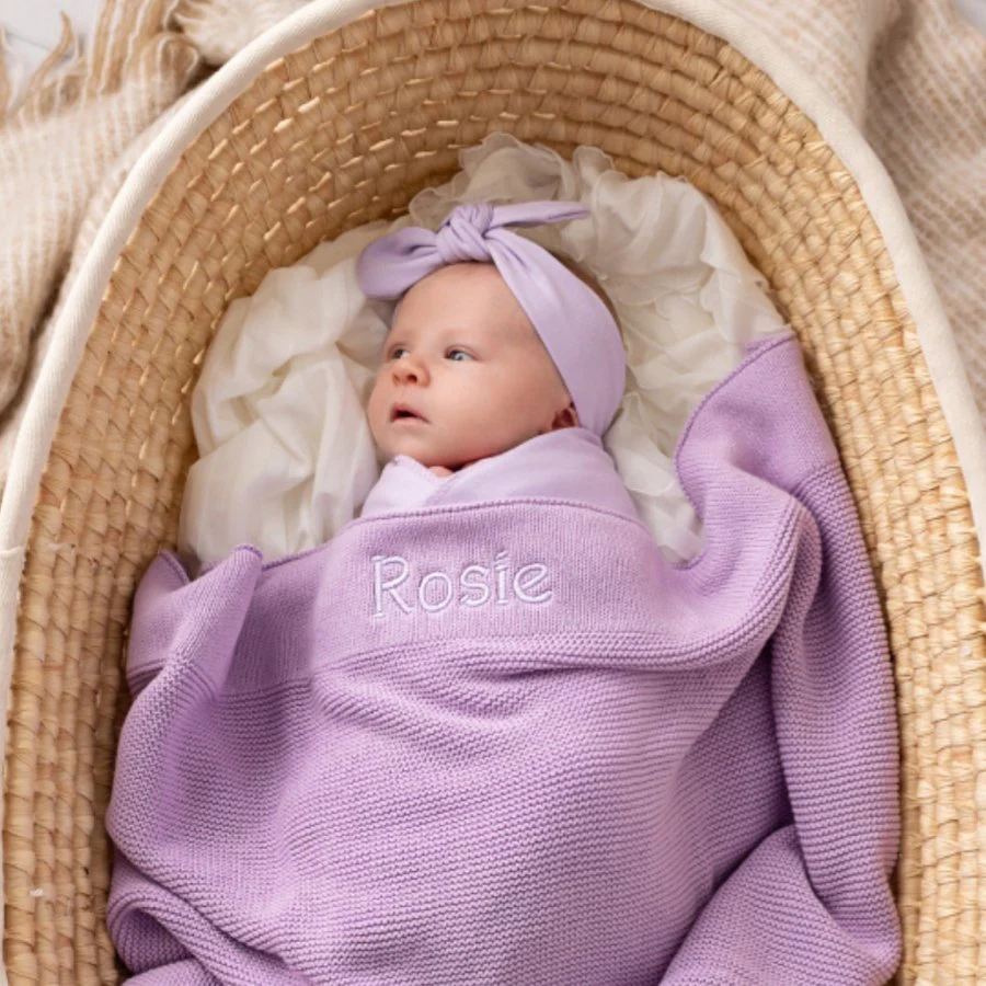 Personalised Cotton Knit Baby Blanket Lilac