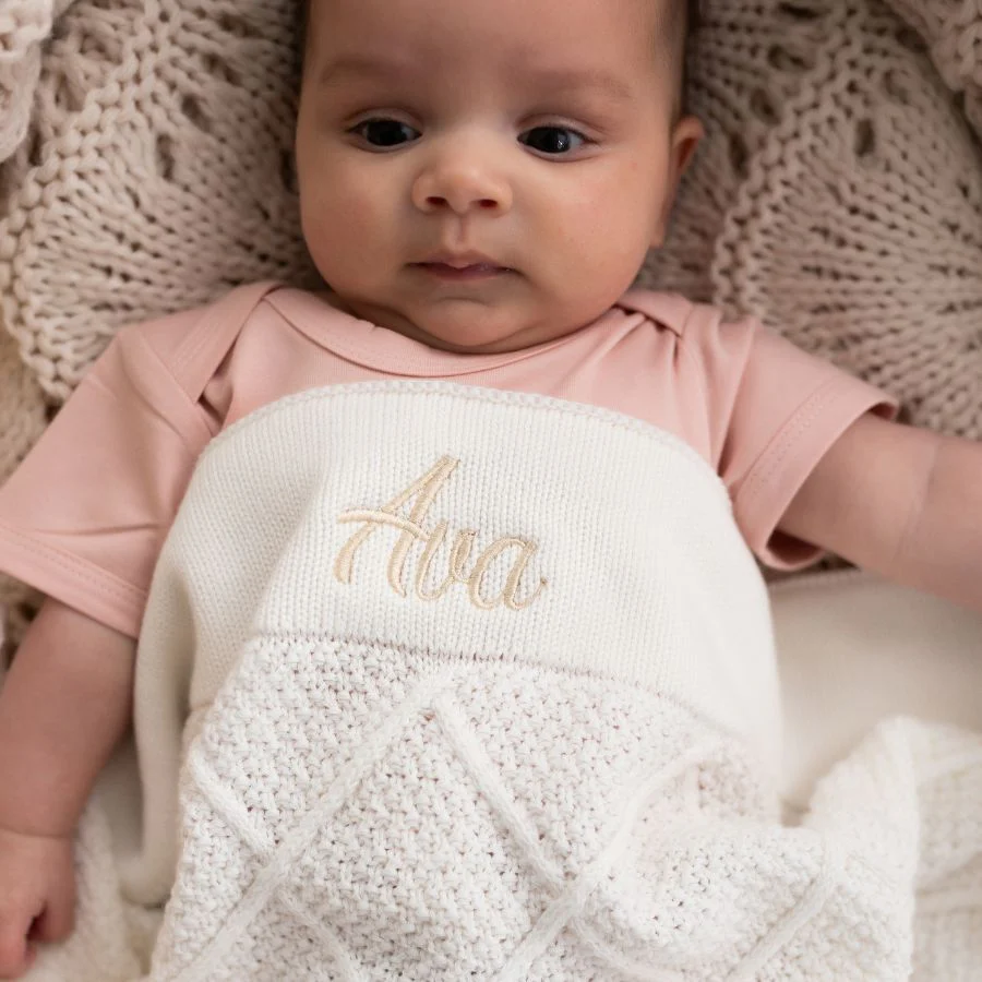 Personalised Diamond Cotton Knit Baby Blanket Cream - Image 6