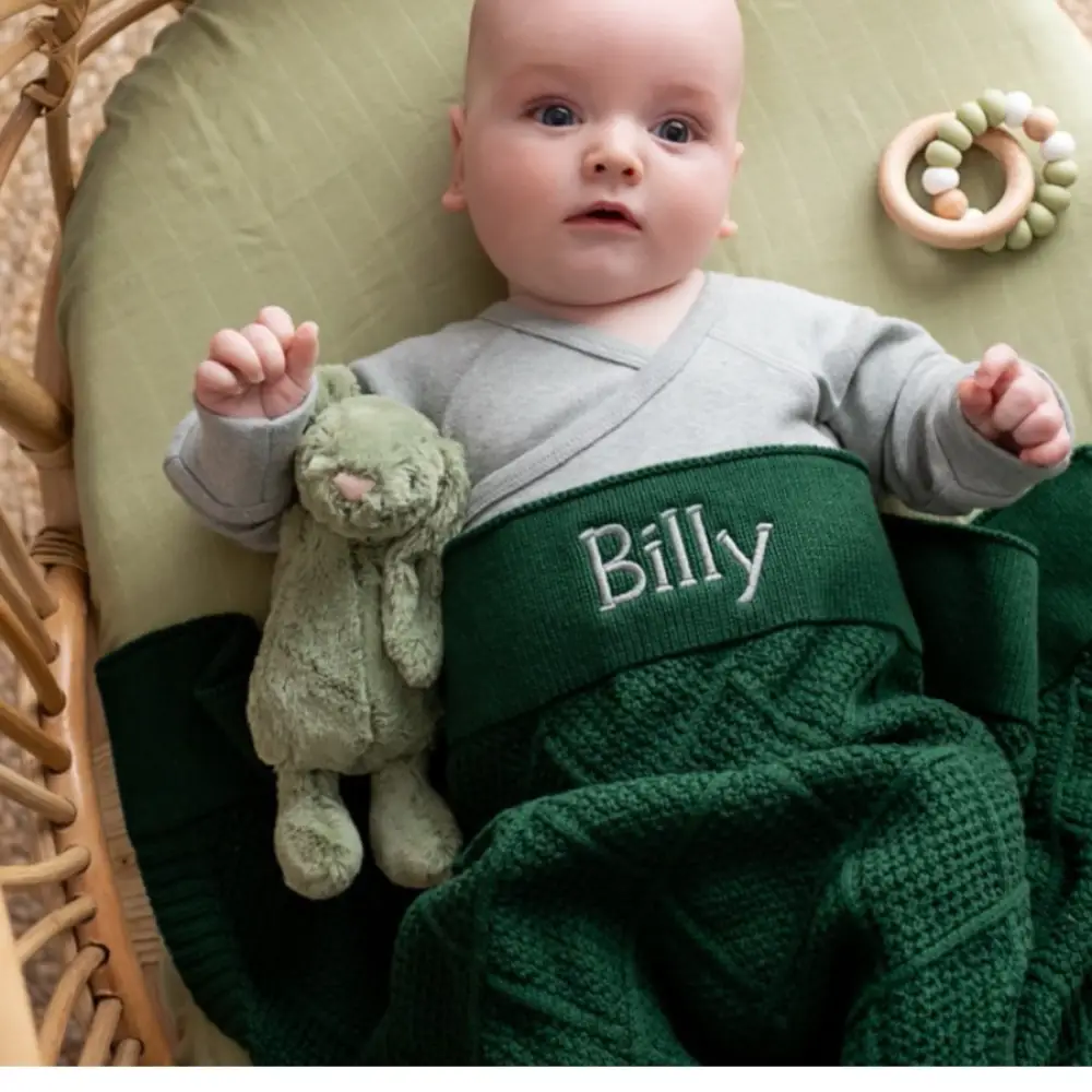Personalised Diamond Cotton Knit Baby Blanket Emerald