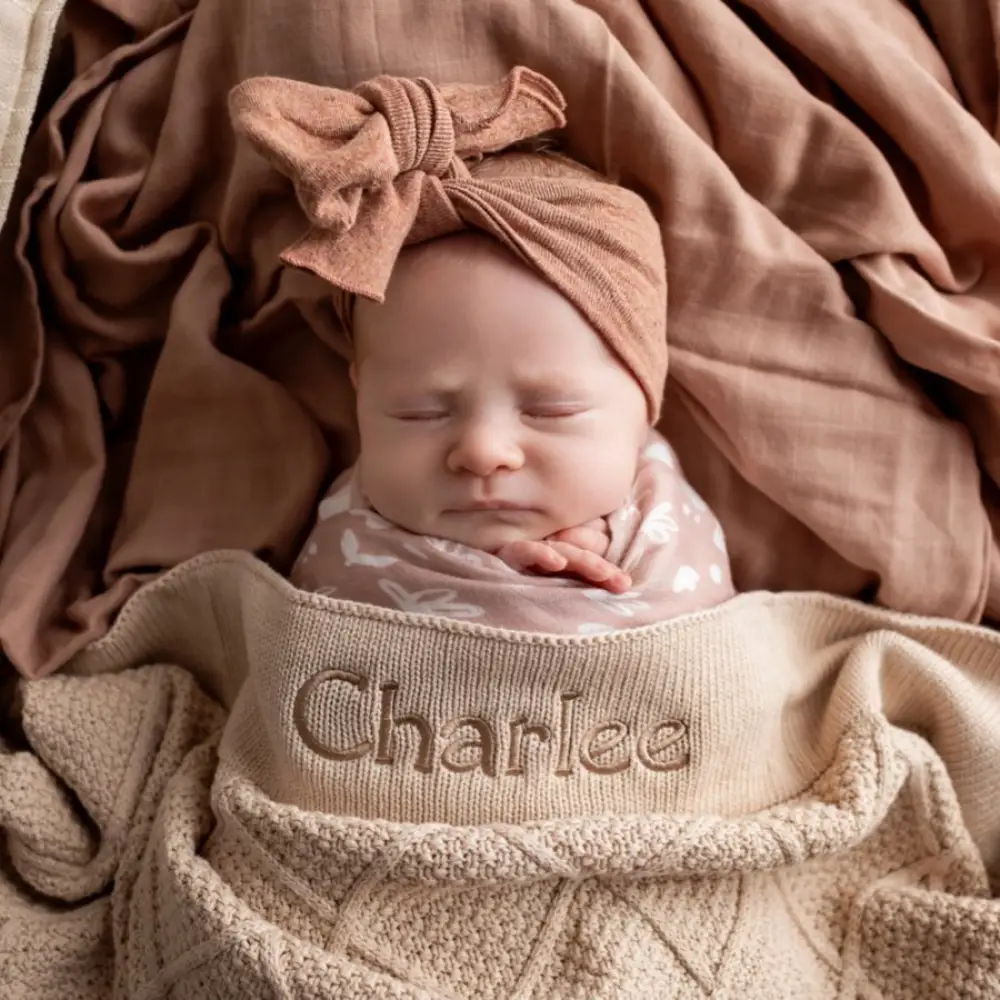 Personalised Diamond Cotton Knit Baby Blanket Oatmeal - Image 3